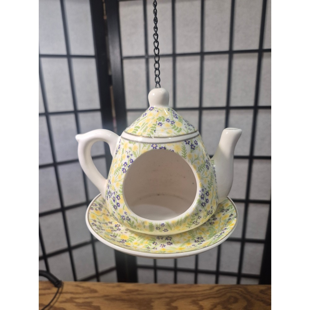 Vintage Hanging Ceramic Teapot Bird Feeder Floral Yellow Purple Garden Decor
